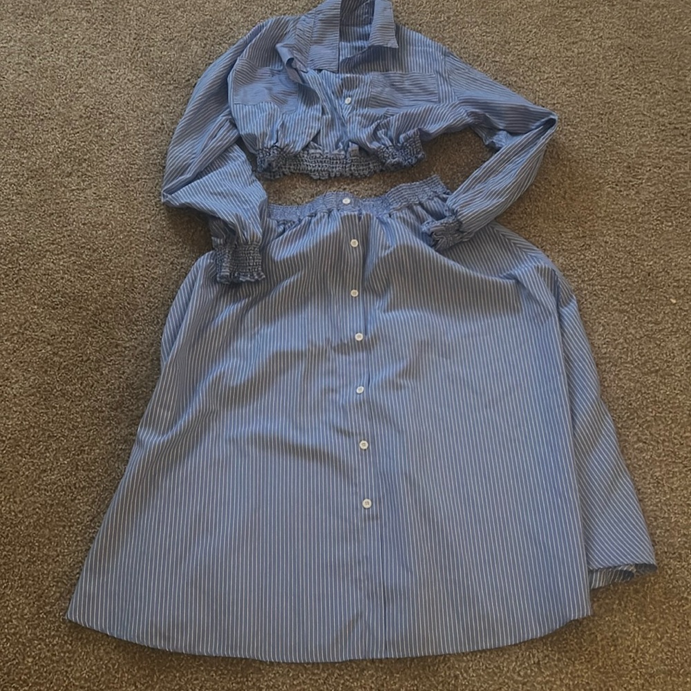Cute blue and white striped skirt set with crop shirt and maxi skirt.